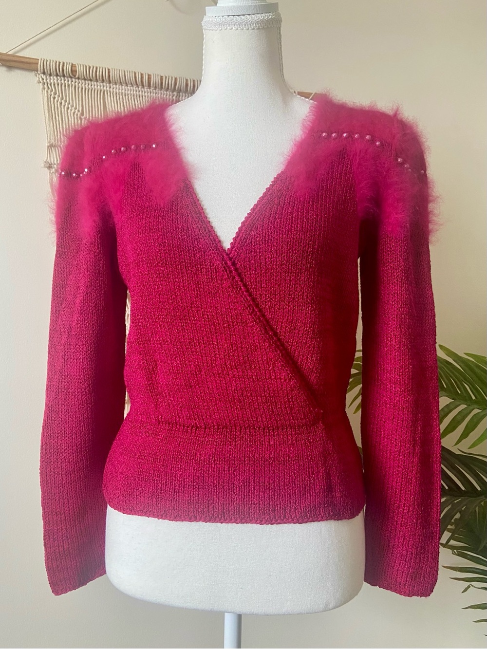 VTG Ms Kipps Hot Pink Angora Faux Wrap Statement Sweater Bead Accents Retro 80s